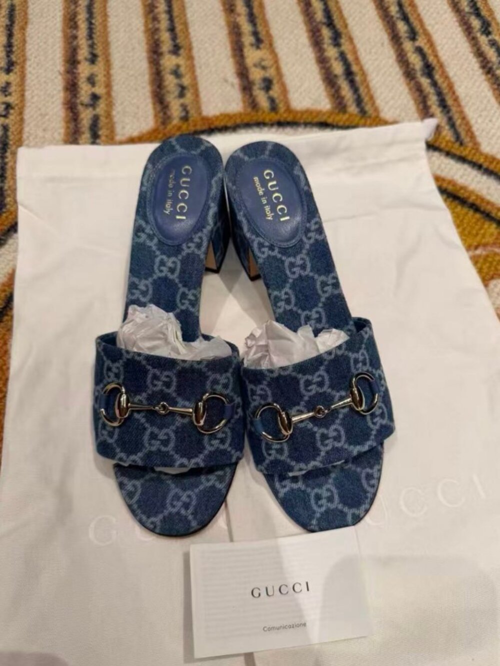 Gucci Horsebit GG Denim Block Heel Mules Slide Sandals